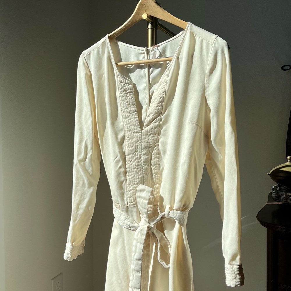 free people long sleeve jumpsuit with belt tie - cream - medium
